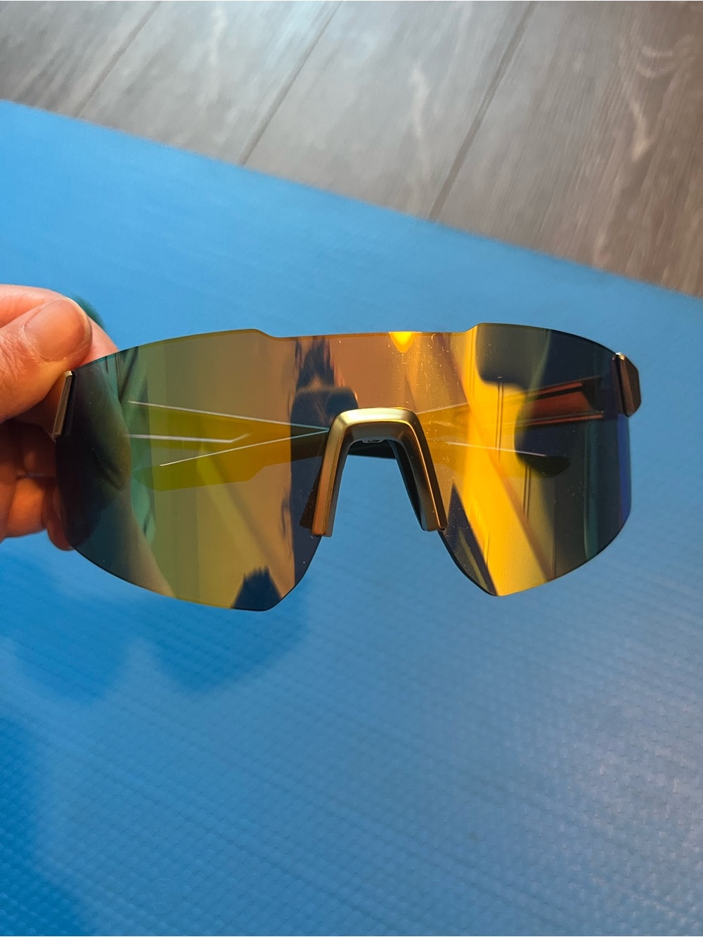 Mirrored Shield Sunglasses — Gold & Green Lens (cycling)